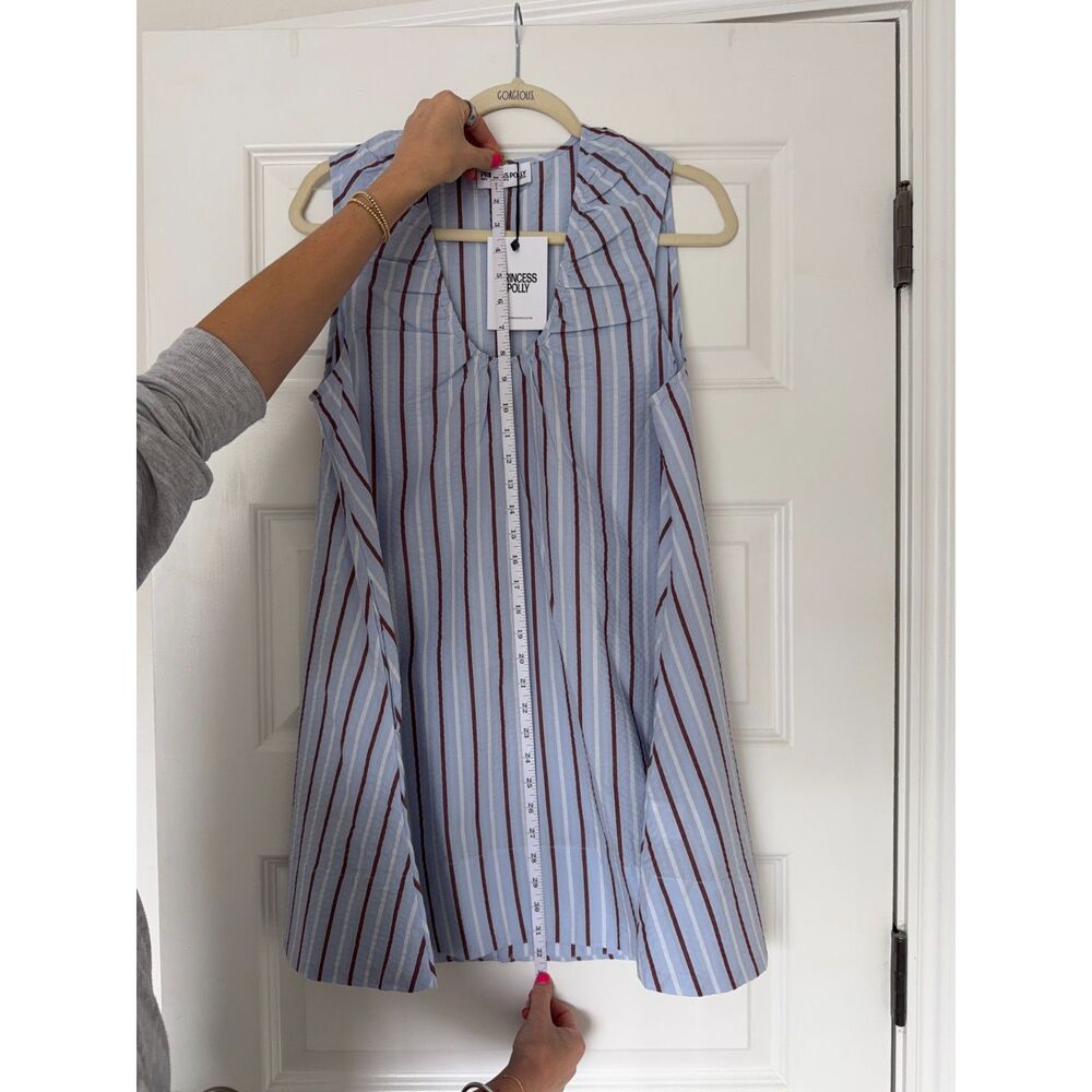 NWT Princess Polly Eberta Ruched Baby Doll Mini Dress Blue Stripe US 4 - Picture 5 of 11